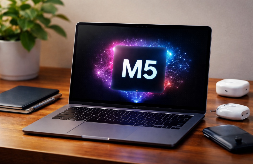 MacBook laptop displaying M5 branding on screen