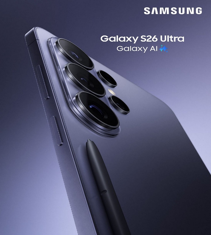 Samsung Galaxy S26 Ultra with S Pen on a premium gradient background